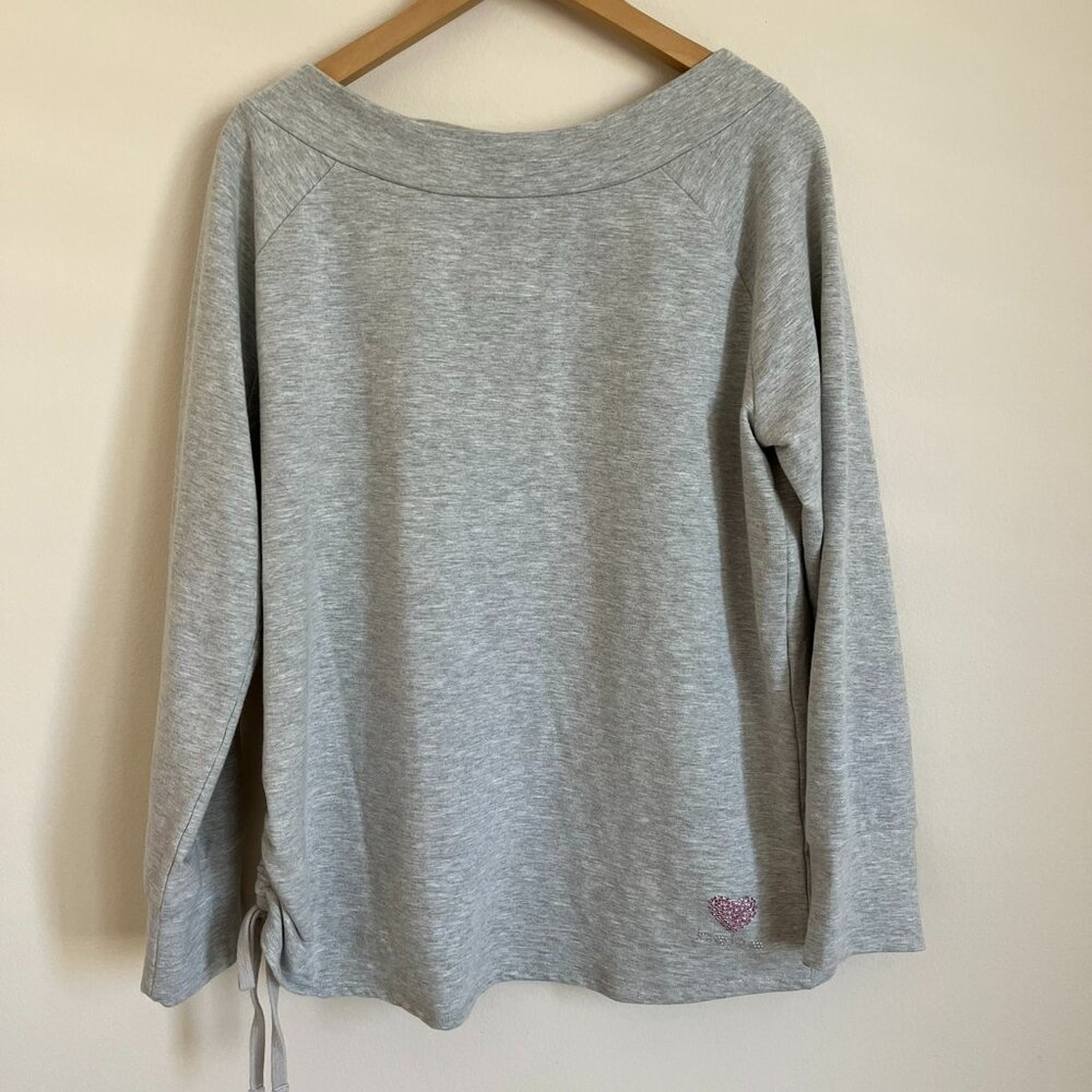 bebe Gray Ruched Long Sleeve Top with Rhinestone Heart – Women’s XL